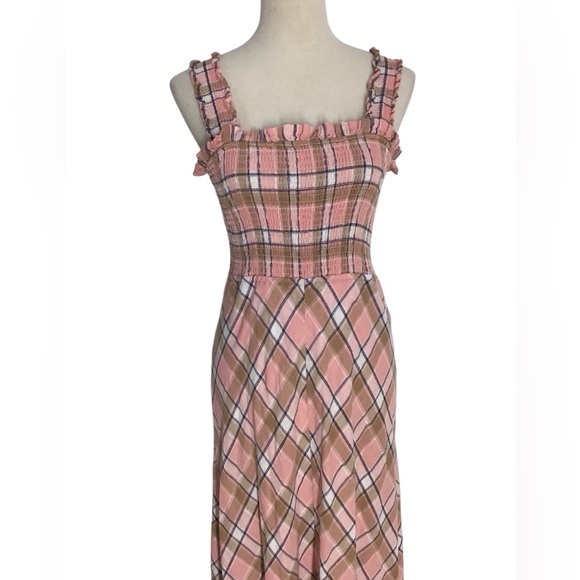 Sundays Beau Smocked Crystal Plaid Ruffle Hem Maxi Dress Cotton Linen Sz Large - Picture 8 of 10